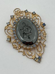 Vintage Gold-toned Black Glass Cameo-style Brooch, Carved Rose Design