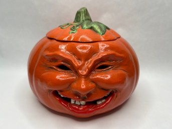 Creepy Ceramic Pumpkin Jack-o-lantern Cookie Jar Or Tea Light Holder With Lid, 9 Inch Wide, 7 Inch Tall