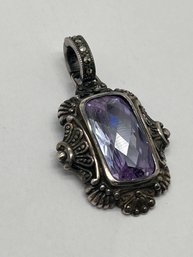Victorian Style Sterling Silver , Faceted Amethyst And Marcacite Pendant With Snap-On Bale