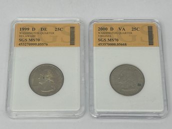 Virginia And Delaware State Quarter Slabs, SGS Graded MS70