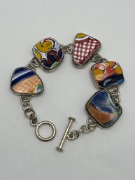 Sterling Silver Colorful Art Glass Toggle Clasp Bracelet, 8 Inch
