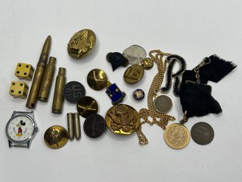 Junk Drawer Collection Of Old Items, Military Buttons, Freemason Badge, Coins