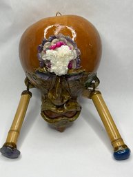 Vintage Brazilian Handcrafted Porongo Wood Clay Face Cultural Mask With Crystals And Stones