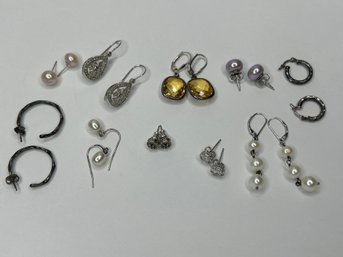 10 Pairs Of Silver Earrings With Stones, Pearls, Hoops, 925