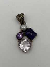 Amethyst And Other Faceted And Cabochon Gemstone Sterling Silver Pendant, Filigree Bale