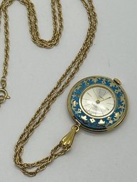 CARON 17 Jewel Working Wind Up Pendant Watch Necklace, Blue Enamel, Gold Toned