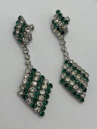 Signed Vendome Vintage Green And Clear Rhinestone Dangle Earrings