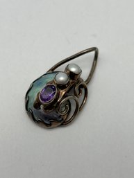 Artisan Made Pearl, Amethyst And Shell Sterling Silver Pendant, Signed, 925