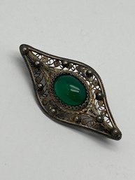 Victorian Brooch 800 Silver With Cabochon Green Greenstone, Lace-Like Metalwork