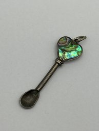 Sterling Silver Demitasse Spoon With Abalone Heart Pendant, Mexico, Eagle Hallmark