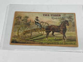 Antique Tiger Rake Farm Equipment Ad, Promotional Trading Card