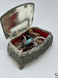 Miniature Metal Footed Jewelry Box Full Of Rings