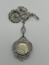 Working Baylor VIJOBEN Mechanical/wind Up Watch Brooch In Sterling Silver And Marcasite Flower