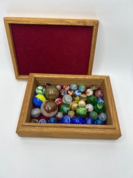 Vintage Marbles In Wood Box,  6.5x5 Inches