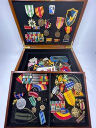 Vietnam War Era Military Medals/patches/pins Collection In  Wood Momento Box