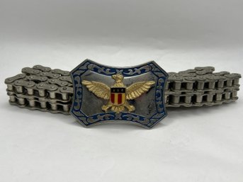 Harley Style Primary Chain Link Biker Belt With Raised Golden Eagle Silver Tone Buckle, Enamel