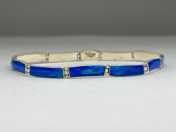 Deep Blue Inlay Opal Sterling Silver Bracelet Mexico 925, 7.5 Inch