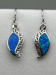 Sterling Silver Dangle Earrings With Vibrant Blue Opal Inlays And Greek Key Pattern, 925