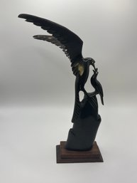 Hand Carned Horn Sculpture, Mother Feeding Chick, Carving With Wooden Base, Folk Art