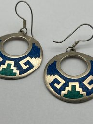 Vintage Taxco Mexico 925 Sterling Silver Lapis Malachite Inlay Drop Earrings With Makers Mark
