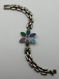 Flower Motif Sterling 950 Mexico Bracelet, Modernist With Multi-Stone Inlay, Link Bracelet