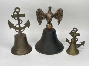 Patriotic Eagle And Anchor Bells, Brass And Steel, Tallest 7 Inches