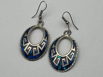 Taxco Style Sterling Silver Crushed Opal Mosaic Inlay Earrings, Aztec Meander Step Design, 925