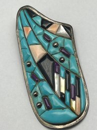 Single Statement Earring, Native American Zuni-Style Sterling Silver Multi-Stone Cobble Inlay Earring