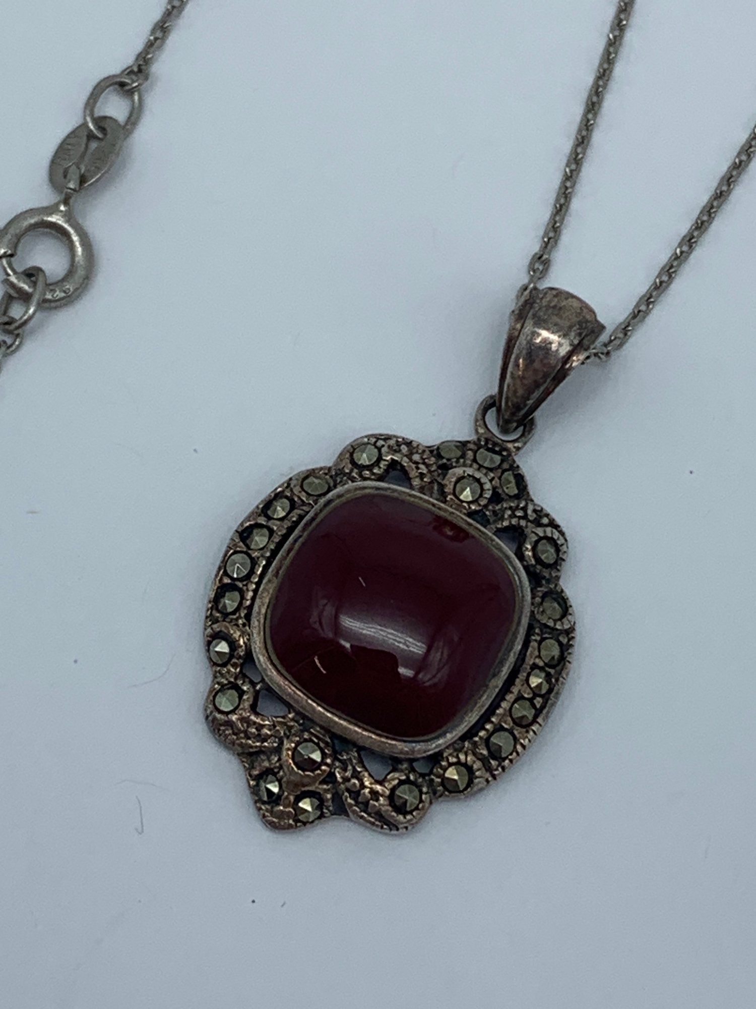 Smooth Carnelian Marcasite Ornate Pendant And Necklace, Marked