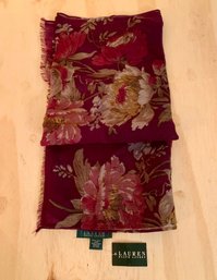 NWT Lauren Ralph Lauren 100% Wool Burgundy Floral Fringe Scarf Wrap