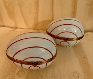 Pair Of Chamart Limoges France Hand Painted Porcelain Egg Trinket Boxes W/ Brass Mount  Red Stripe