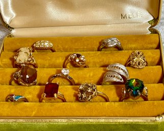 Vintage Costume Ring Lot W/ Velvet Jewelry Display Box Rhinestone Cocktail Rings