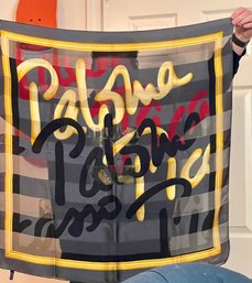 Vintage Paloma Picasso 100% Silk Scarf Made In Italy Black Gold Signature Print