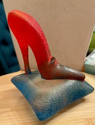 Signed Kosta Boda Swedish Art Glass High Heel Shoe Sculpture  Frosted Red & Blue