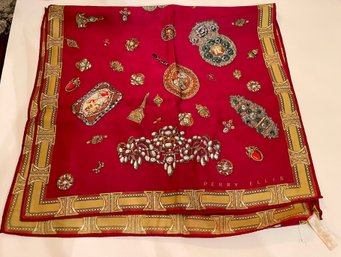 Vintage Designer Perry Ellis Red Silk Oblong Scarf Baroque Jewelry Cameo Brooch Print
