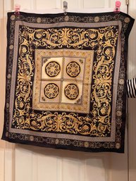Vintage French 100% Silk Scarf Black Gold Baroque Greek Key Designer Style Large Square France