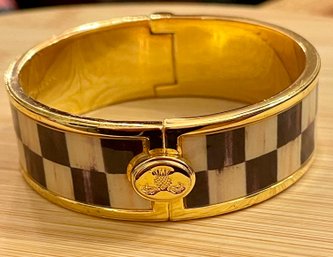 Mackenzie-Childs Courtly Check Hinged Bangle Bracelet Gold Tone Enamel Black Ivory Checker