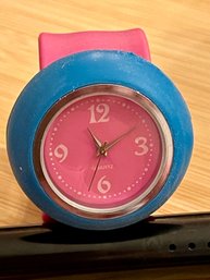 Y2K Pink & Blue Silicone Slap Watch Snap Bracelet Quartz Retro 2000s Novelty Watch