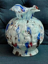 Vintage Art Glass Vase Tutti Frutti Ruffled Rim Multicolor W/ Christies Auction Label