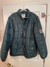 Vintage Moschino Jeans Designer Puffer Jacket Convertible Vest Teal Made In Italy Zip-Off Sleeves IT 50