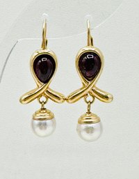 14KT Yellow Gold,Pair Of Cultured Pearl And Garnet Earrings  # 2701
