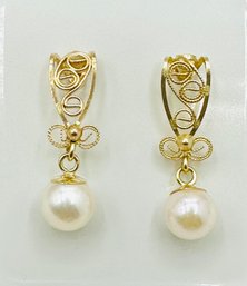 14KT Yellow Gold,Pair Of Cultured Pearl  Hanging Earrings  # 2708