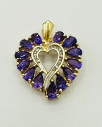 14KT Yellow Gold, Natural Diamond And Amethyst Heart Pendant  # 2712