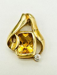 14KT Yellow Gold, Natural Diamond And Yellow Topaz Pendant  # 2714