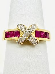 14 Karat Yellow Gold  Natural Diamond And Natural Ruby Ring Size 6 - J11567