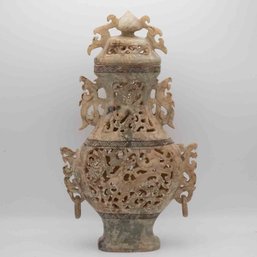 Antique Chinese Carved Translucent Jade Openwork Urn With Cap