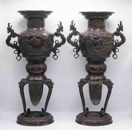 A Pair Of Fine Japanese Meiji Period Bronze Temple Koro Censer Burner