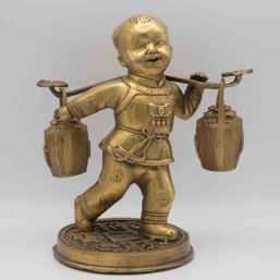 Vintage Chinese Brass Fengshui Child Carrying Fortune Sculpture