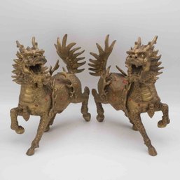 A Pair Of Old Chinese Brass Fenshui Kirin Sculptures