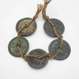Antique Chinese Qing Dynasty Inscribed 5 Bronze Coins On String Talisman